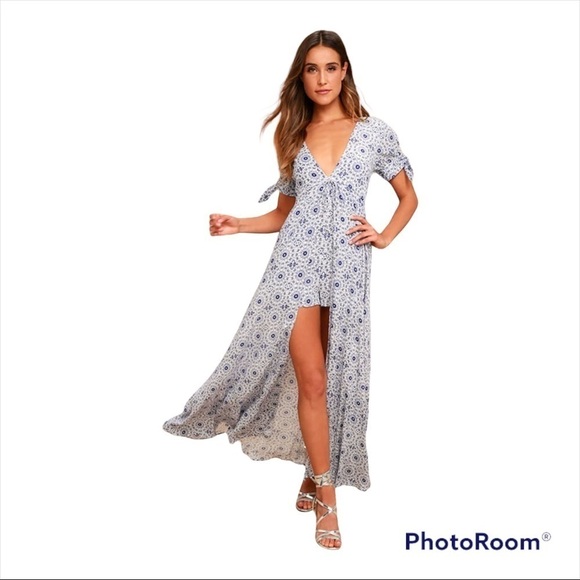 LULUS Blue White Printed Tie Front Maxi Romper Dress Small - Picture 4 of 12